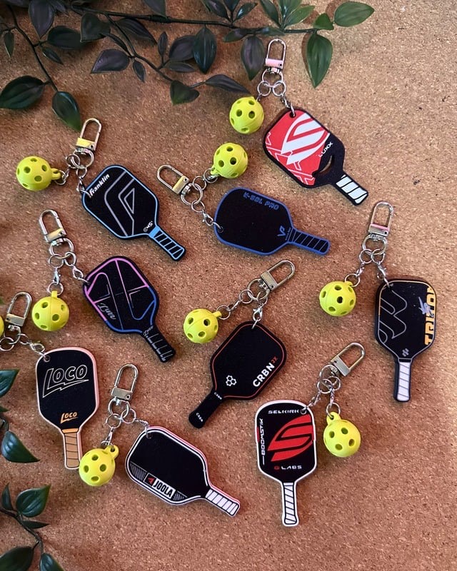 Pickleball paddle keychains with mini balls